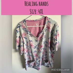 BUNDLE Healing Hands Women's Floral Blouse - Pink and Blue AND ROOSTER scrub top